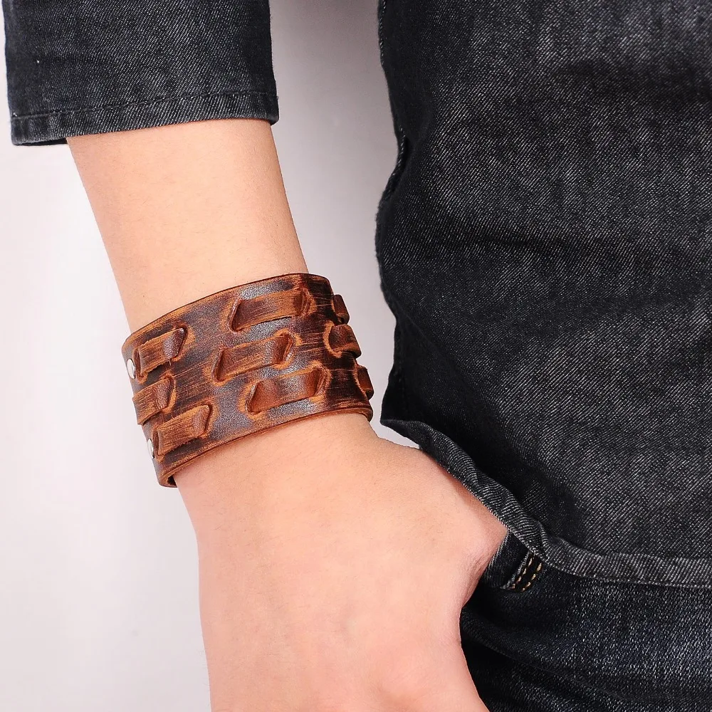 OBSEDE Fashion Wide Genuine Leather Bracelet for Men Brown Wide Cuff Bracelets & Bangle Wristband Vintage Punk Male Jewelry Gift image 4
