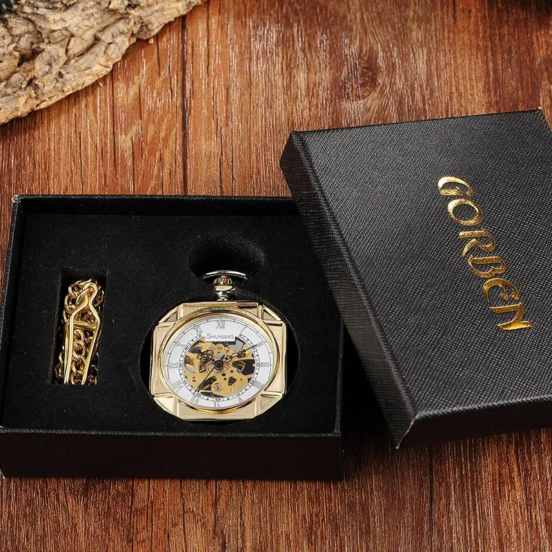 Luxury Gold Mechanical Pocket Watch Vintage Skeleton Golden Male Clock Hand Wind Square Necklace Watch Chain For Men Women Gift