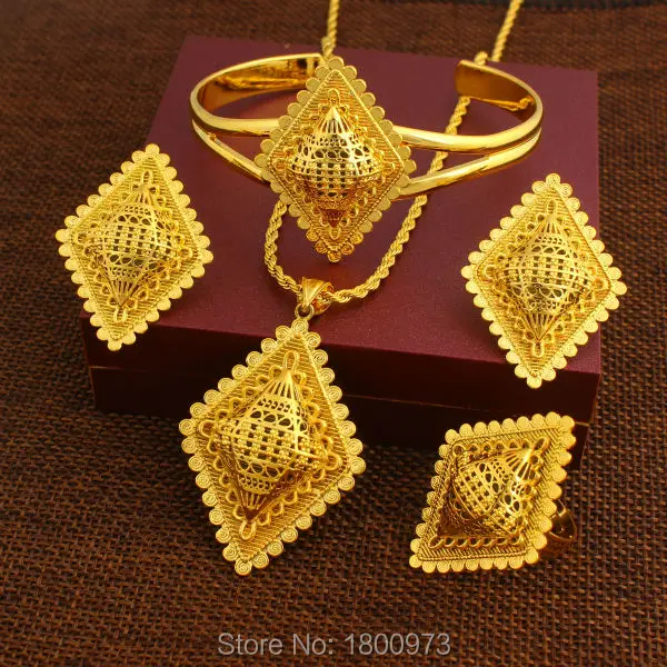 New Ethiopian Rhombus Desigh Jewelry Set 24K Gold Color Necklace/Pendant/Earring/Ring/Bangle African Bridal Wedding Jewelry Set