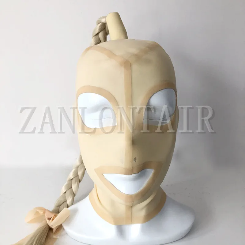 

new design sexy exotic lingerie unisex men women nude color handmade latex hoods with twisted braid pigtail fetish cekc zentai