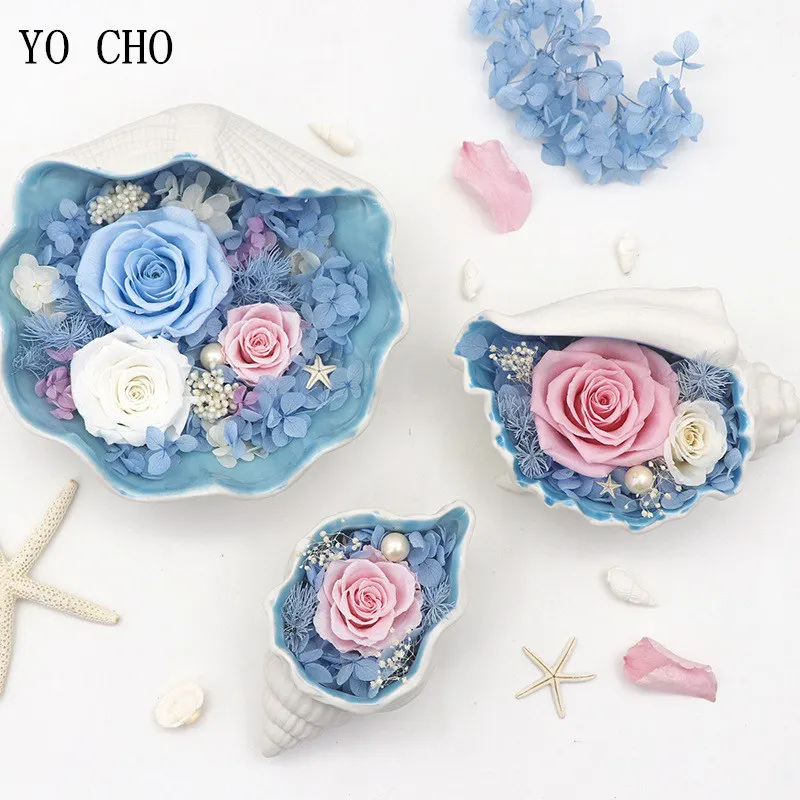 YO CHO  Mixed Preserved Fresh Flowers with Shell Box   Valentine's Day Gift  Party Favors  DIY Forever Rose  Wedding Decoration