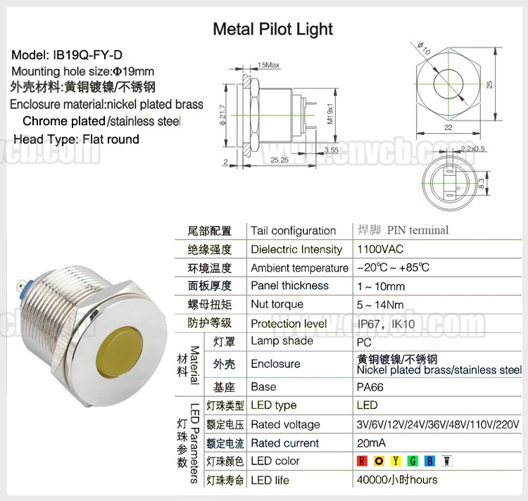 Luz indicadora de advertencia de 19mm, lámpara piloto LED roja y verde de 12V