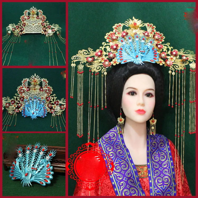 

A238 Tassel Phoenix Tiara Imitate Blue Cloisonne Hair Tiara for Bride Wedding Hanfu Costume Hair Accessory Photography Drama