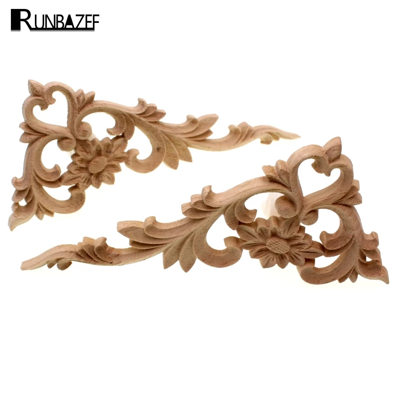 RUNBAZEF Vintage Unpainted Wood Carved Corner Onlay Applique Frame Background Wall Home Furniture Cabinet Door Decor Crafts