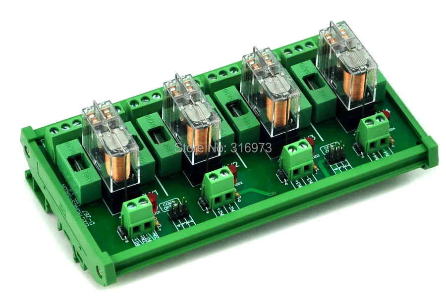 

DIN Rail Mount Fused 4 DPDT 5A Power Relay Interface Module, G2R-2 24V DC Relay.