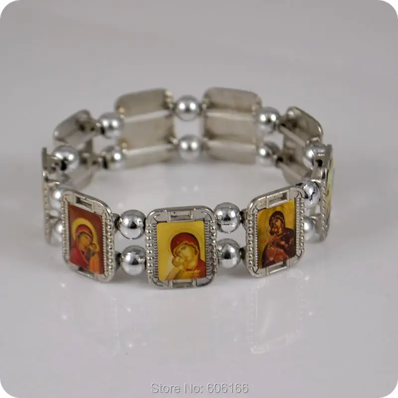 Orthodox Icon Rosary Beads Bracelet JESUS Virgin Mary Fashion Religious Jewelry Alloy Elastic Bracelets