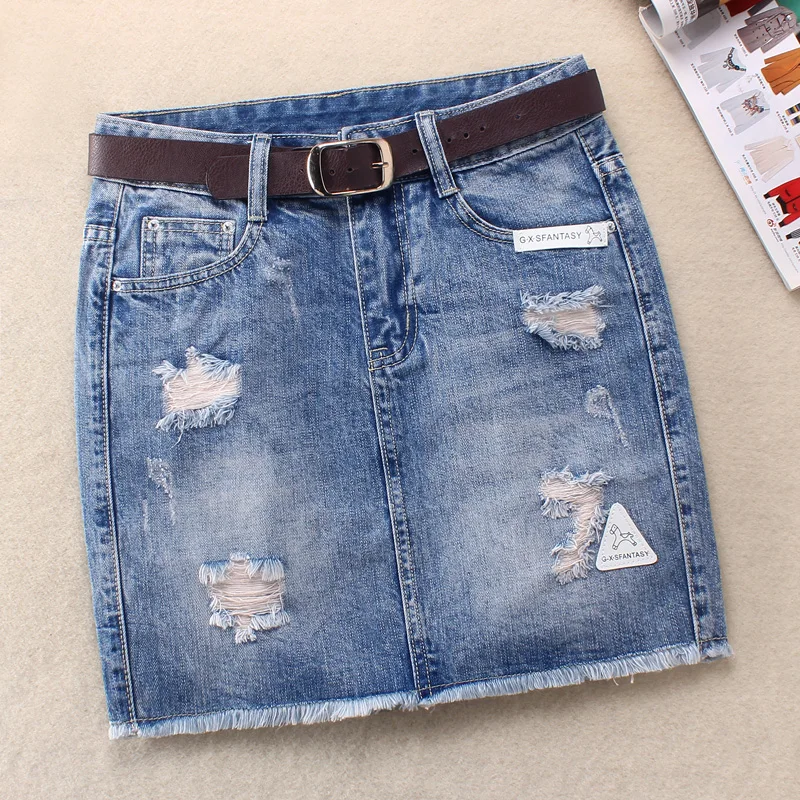 

Denim skirt women spring new hole retro package hip jeans skirt a-line