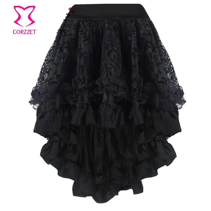 

Plus Size Black Vine Flocking Tulle and Ruffled Satin Asymmetrical Victorian Gothic Skirt Short Front Long Back Skirts Womens