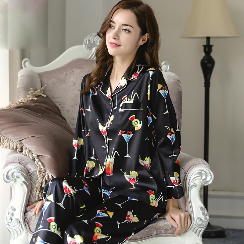 Fashion Brand Real Silk Pajamas Female Black Printing Sleepwear Women Pure SILK Long-Sleeved Pyjama Pants Two-Piece Sets T8007