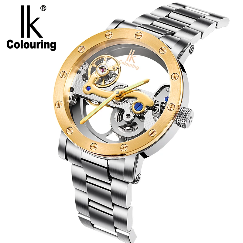 IK coloring Mens Watches 5ATM Water Resistant Stainless Steel Automatic Mechanical Male Wristwatch Bridge Skeleton Herren Uhr