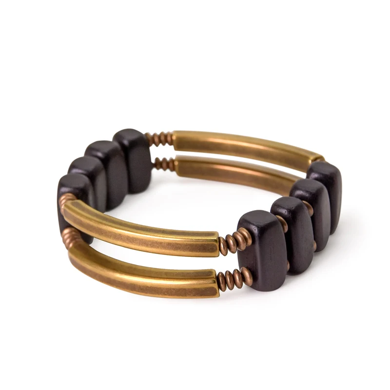 Two Row Ebony Copper Alloy Beads Bracelet Rock Metal Trendy Unique Geometric Beaded Jewelry Male Female Protective Punk Bangle