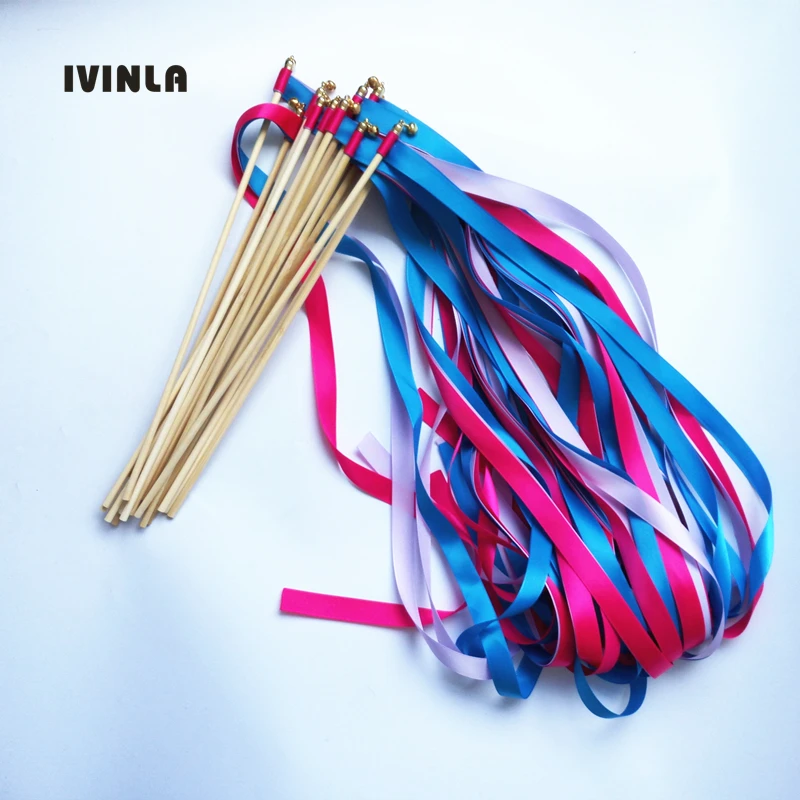 New arrived--(50Pieces/Lot)3 Ribbons blue fushia and pink Wedding Ribbon Stick,Ribbon Wands/Twirling Streamers With Bell