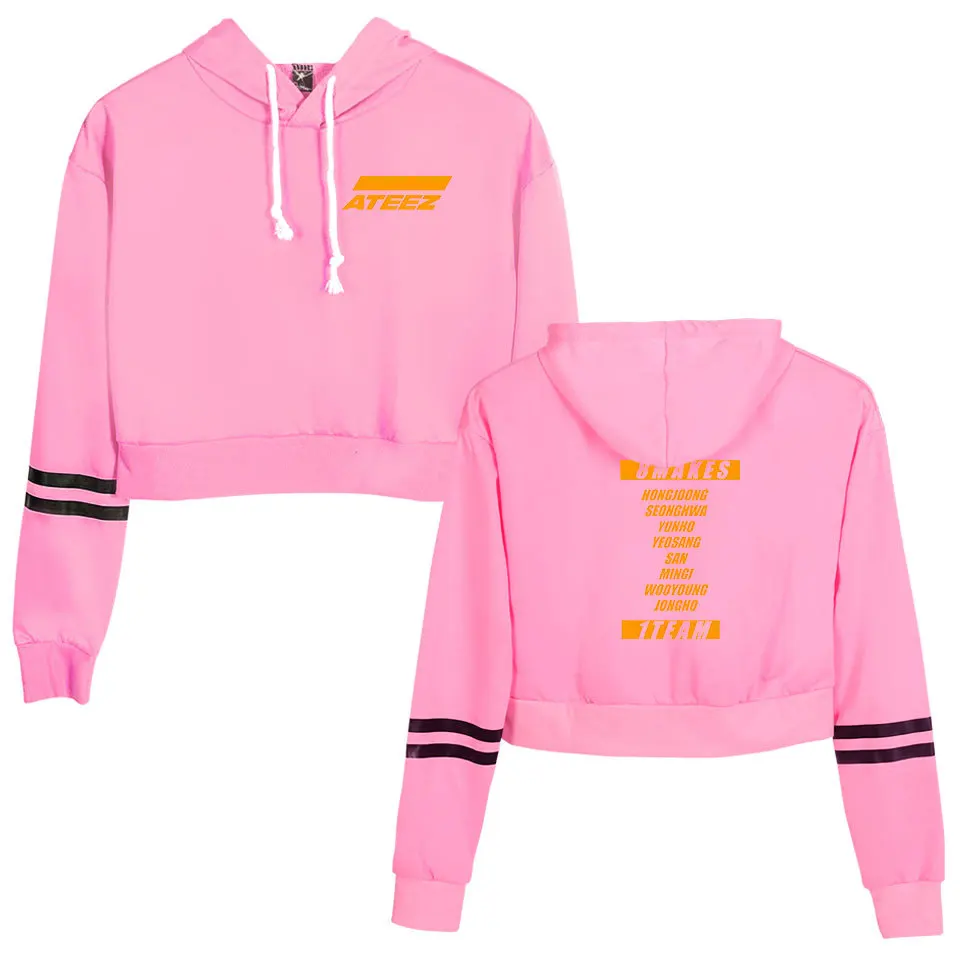 Korean Team ATEEZ KPOP Crop Top Hoodie Harajuku Cropped Sweatshirt Streetwear Hip Hop Long Sleeves Pullover Tops Sudaderas Mujer