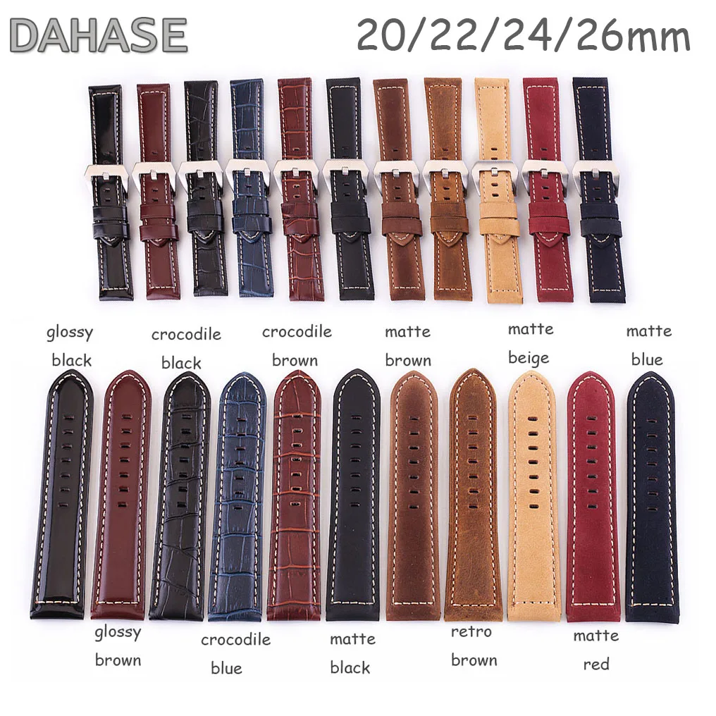 11Colors Crocodile Glossy Matte Genuine Leather Watch Band 20mm 22mm 24mm 26mm Replacement Watch Strap Cowhide Leather Wristband