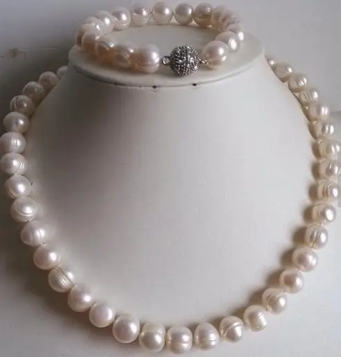 Pearl Jewelry Set 10-11mm White Color Freshwater Pearl Necklace Bracelet White Crystal Magnet Clasp