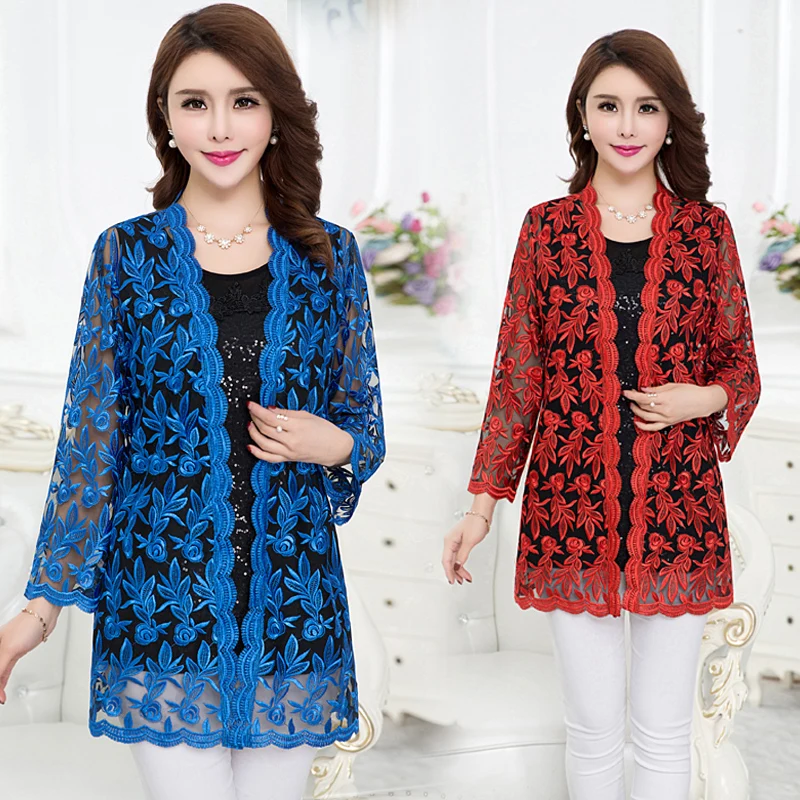 Summer Lace Cardigan Embroidery Women Casual Vintage Jackets Mujer Coat Jaqueta Feminino Casaco De La Big Plus Size 2XL~4XL W184