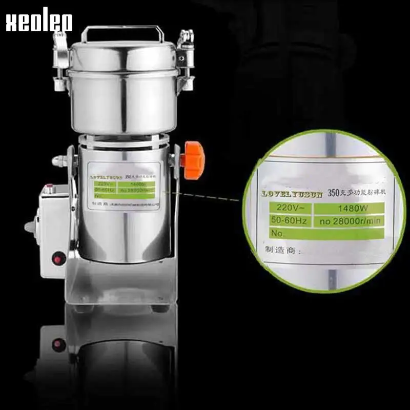 Xeoleo moedor de grãos elétrico, máquina de pó, ganho de ervas, aço inoxidável, 750g, triturador de pó de farinha de medicina, 1800w