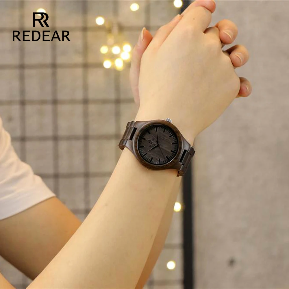 REDEAR-relojes de sándalo negro hechos a mano, relojes para amantes, reloj automático de cuarzo de madera natural fresca en caja de regalo