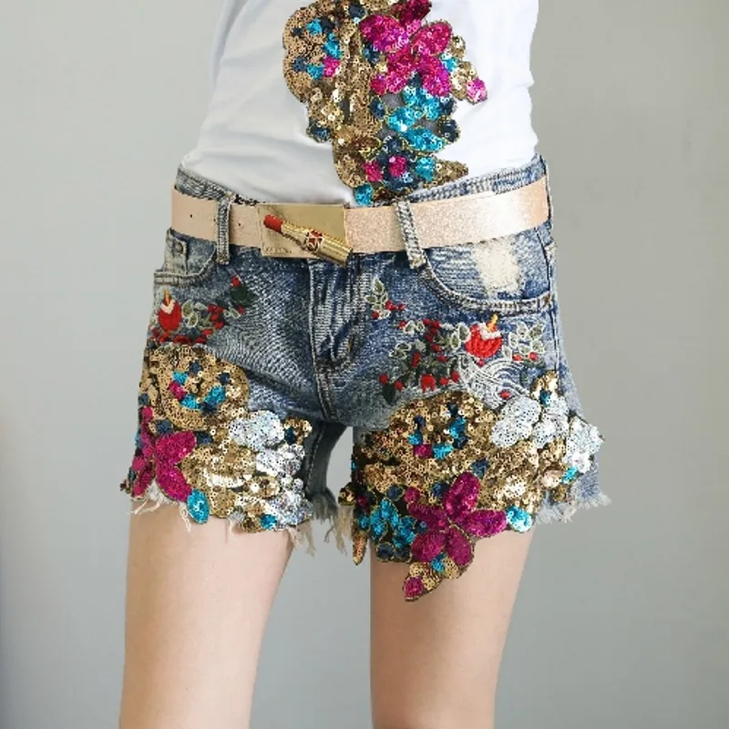 Summer Wide Leg Denim Shorts Women Streetwear Embroidered Sequins Beaded Loose Vintage Short Pants Short Sleeve White Shirt