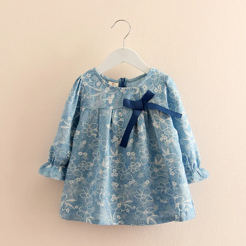 Spring Autumn 2 3 4 6 8 10 Years Child Birthday Gift Long Sleeve Flower Print Blue Colour Bow Cute Kids Girls Blouse Shirt