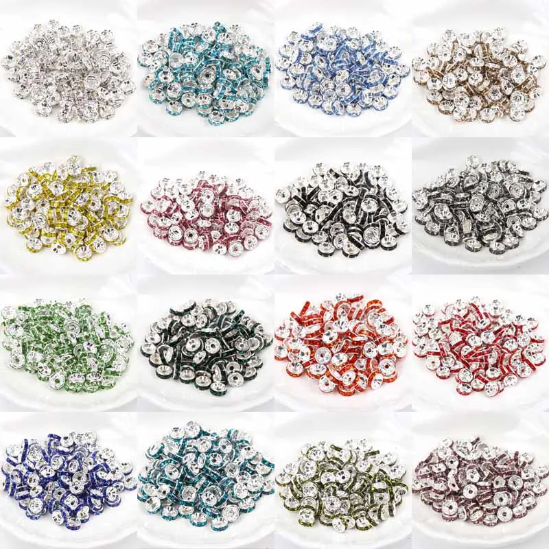 8MM Metal Silver Plated Crystal Rhinestone Rondelle Spacer Beads 18 Colors For Choose 50Pcs Wholesale SG008MX