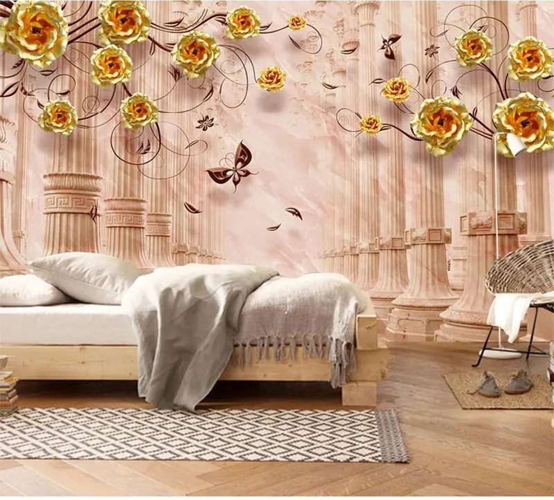 

3D Wallpaper Home Decor Living Room Wall Covering Personality Wall Mural Painting Roman Column Golden Flowers Photo Wall Paper