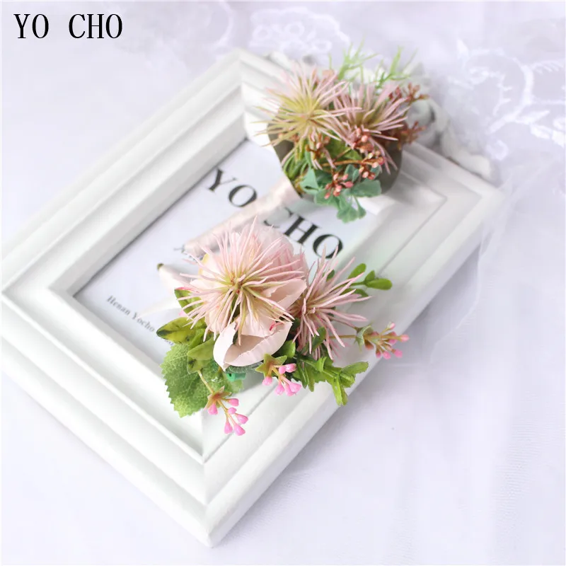 YO CHO Plastic Paardebloem Pols Corsages Bruidsmeisje Zijde Hand Bloemen Kunstmatige Brides Wedding Boutonnières Prom Bestman Bloemen