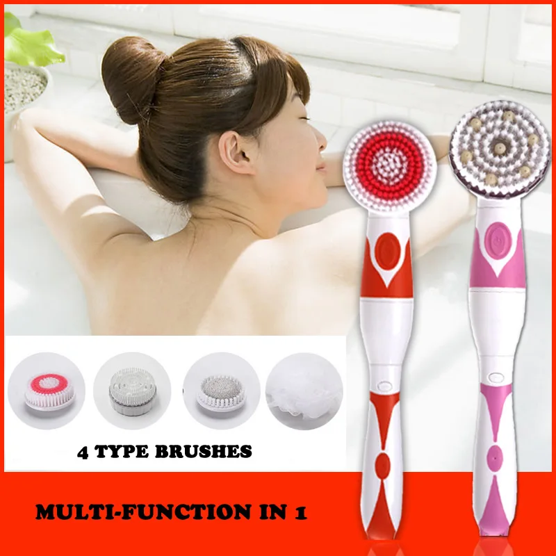 NEW 4-In-1 Electric Bath Brush Long Handle Waterproof Body Cleansing Brush Massage Home Shower Clean Spa System Health Care