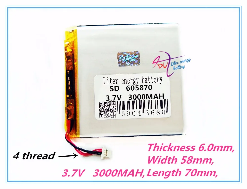 4 thread polymer lithium ion battery 605870 3.7V 3000MAH, MP4 MP5 GPS Tablet PC Battery ,606070 Perfect quality of lar