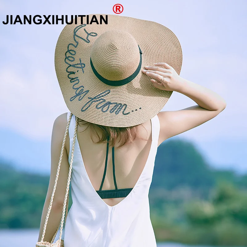 2018 Summer Large Brim Sun Hats For Women Fashion Sequins Letter do not disturb Embroidery Folded Floppy Hat Bohemia Beach Cap