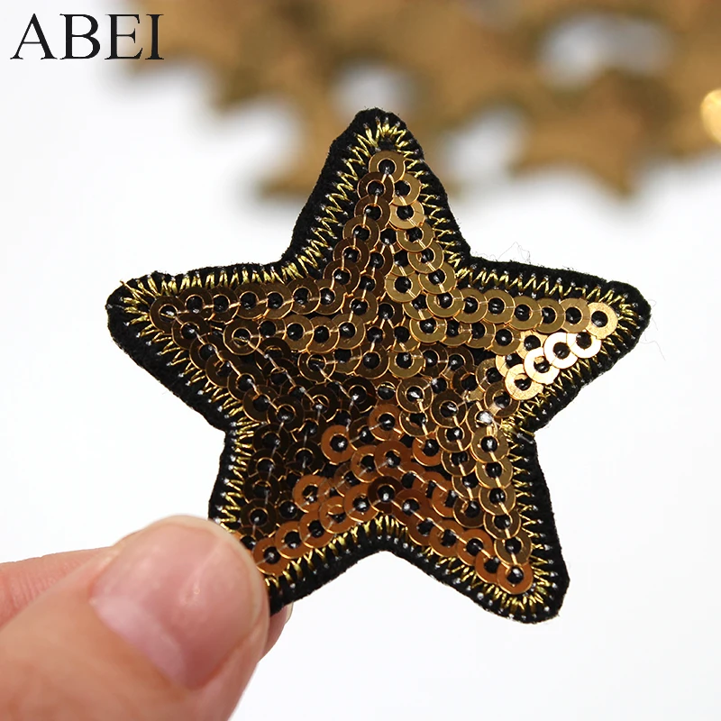 10pcs/lot Iron On Sequined Gold Star Patches Embroidery Clothes Appliqued Diy Stickers Sewing Motif Badge for Bag Hats Jeans