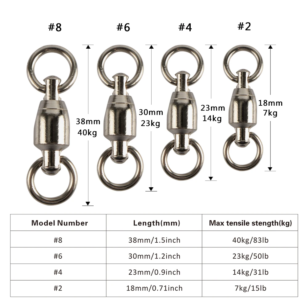 200pcs/lot Fishing Rolling Swivel Ball Bearing Swivel with Solid Ring Size 8, 6, 4, 2 Fishing Connector Hooks Fishing Tackle