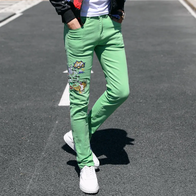 Fashion Streetwear Mens Jeans Slim Fit Pink Yellow Green Color Elastic Punk Pants Hip Hop Jeans Embroidery Denim Trousers Men