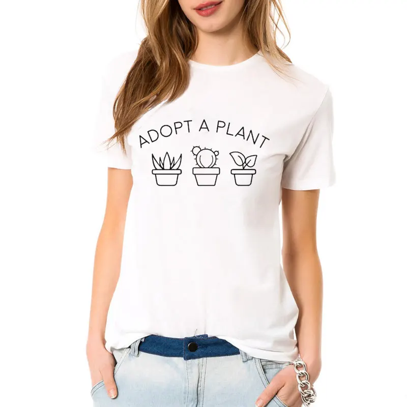 New Fashion Casual Adopt a Plant LETTER Letter Print Women Summer T-shirt Cute Plant Pattern Slogan T short sleeve Cotton Tops