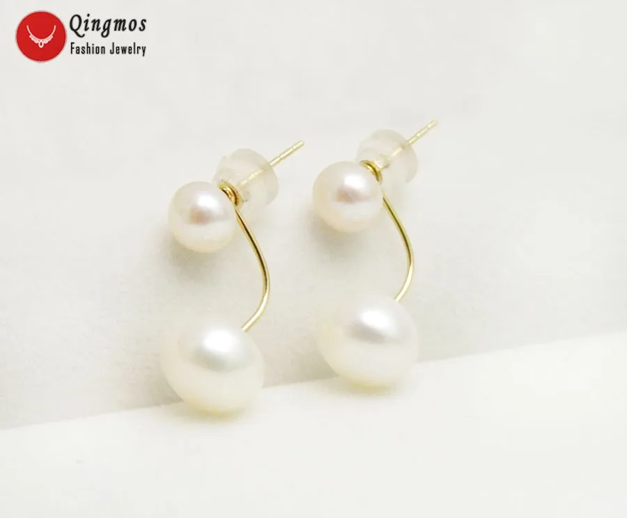 

Qingmos 6-10mm White Flat Round Natural Pearl Double Front Back Earrings for Women with Solid Gold Ear Stud Fine Jewelry 695