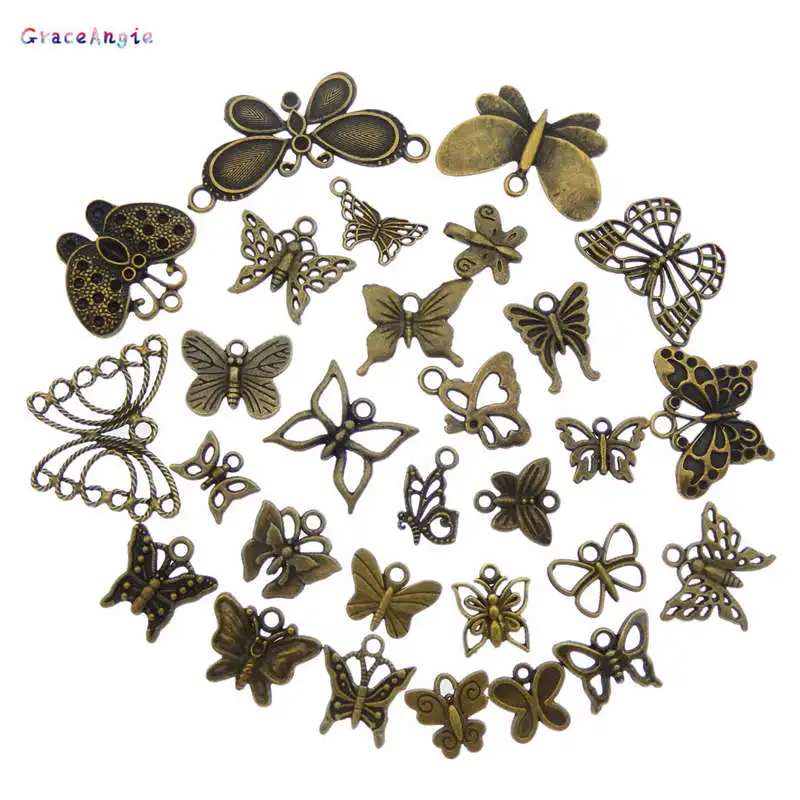 Retro 10-50pcs Mix Butterfly Pendant Antique Bronze Alloy Necklace Bracelet Pendant Charms DIY Women Handmade Craft Accessory