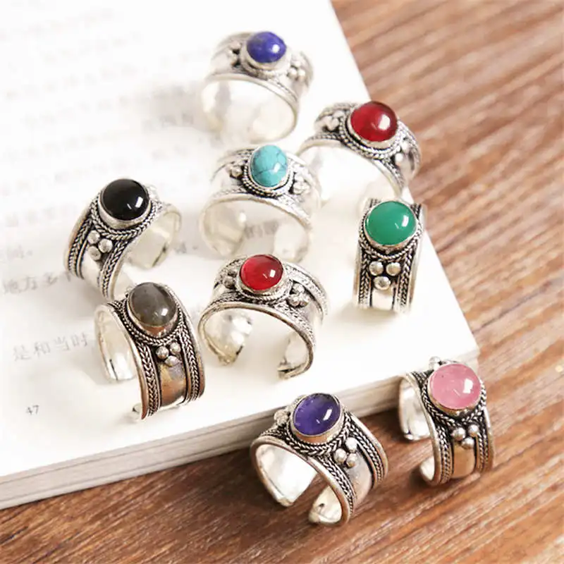 

Best Mix Wholesale 50PCS Tibetan Metal Copper Inlaid Colorful Beads Rings Tibet Antiqued Vintage Handmade Open Rings