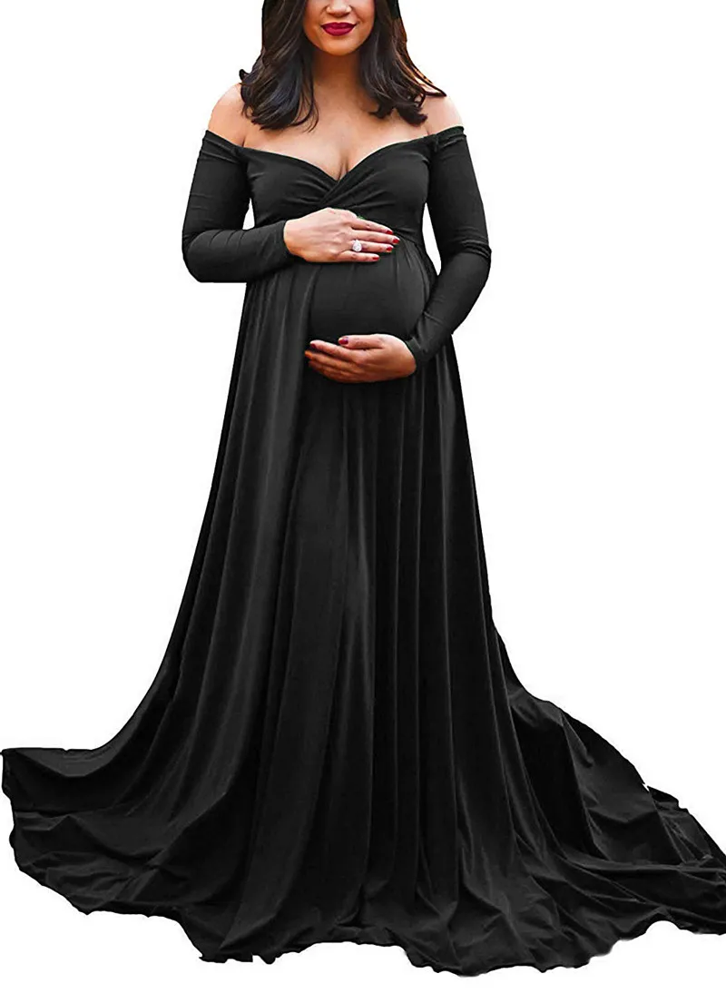 Vestidos de maternidad de cola larga para mujeres embarazadas, accesorios de fotografía, cuello en V, Maxi vestido de algodón, ropa de sesión de