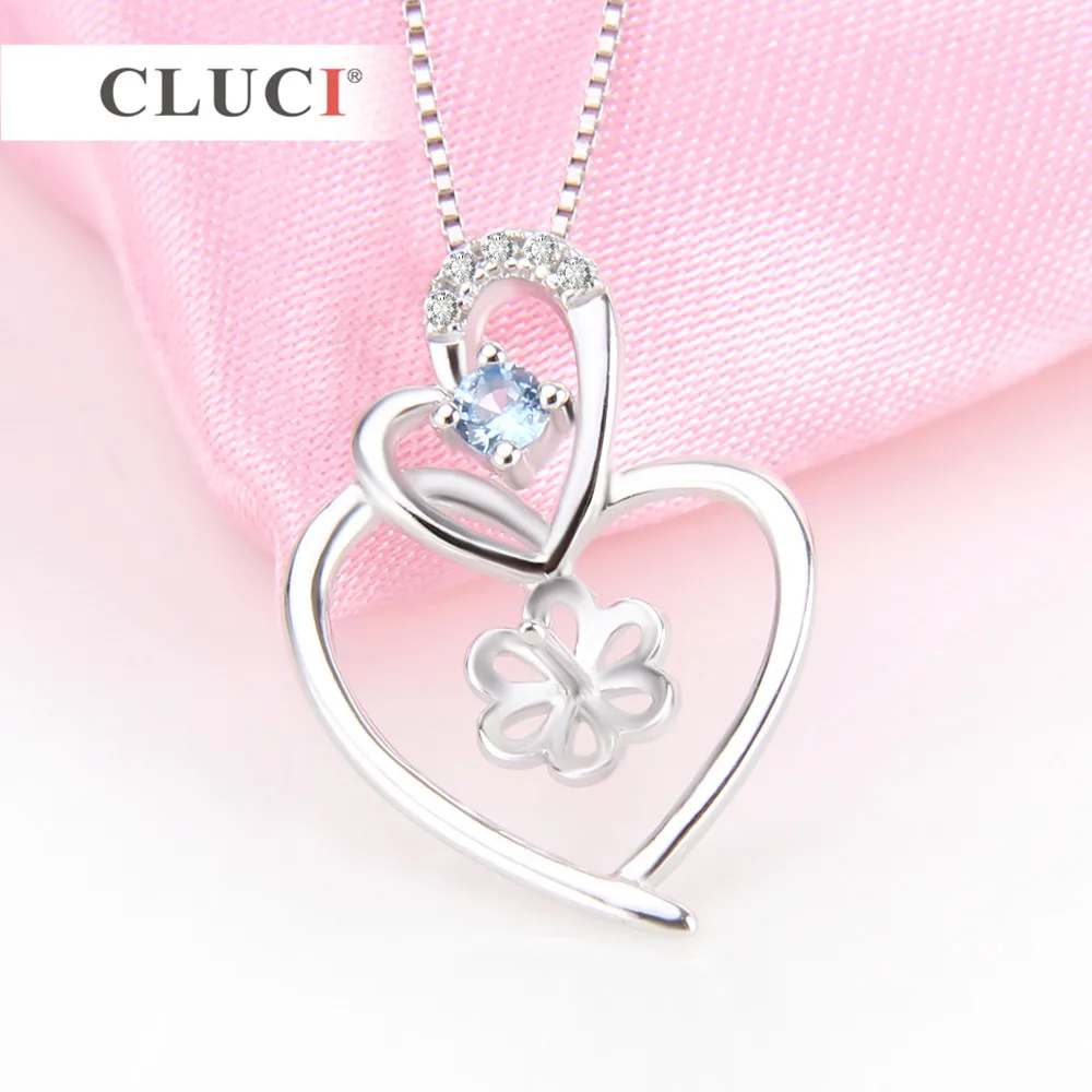 CLUCI Double Heart Pendant fitting for pearl jewelry DIY Sterling 925 Silver Blue Zircon necklace Valentine's GIFT SP182SB