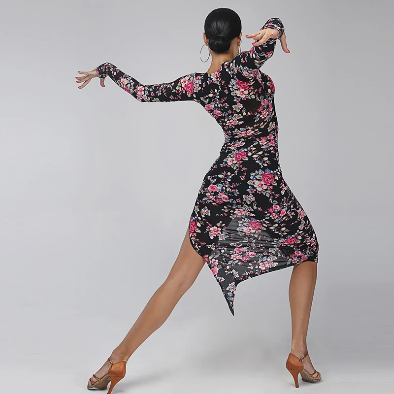 Floral Slit Long Sleeves Latin Dance Dress For Sale Modern Dance Costume Women Elegant Party Dresses For Women 2023 Dance Wear