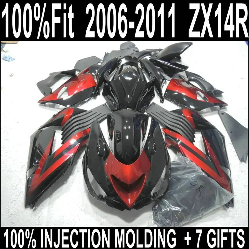 7 Gifts fairings for Kawasaki 2006-2011 zx14r fairings Ninja ZX-14R 06 07 08 09 00 11 red black deep gray fairing set RFG75