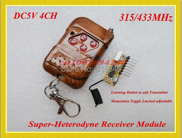 

DC 5V 4CH Learning code wireless remote control Super-Heterodyne Receiver module Transmitter system Momentary Toggle Latched