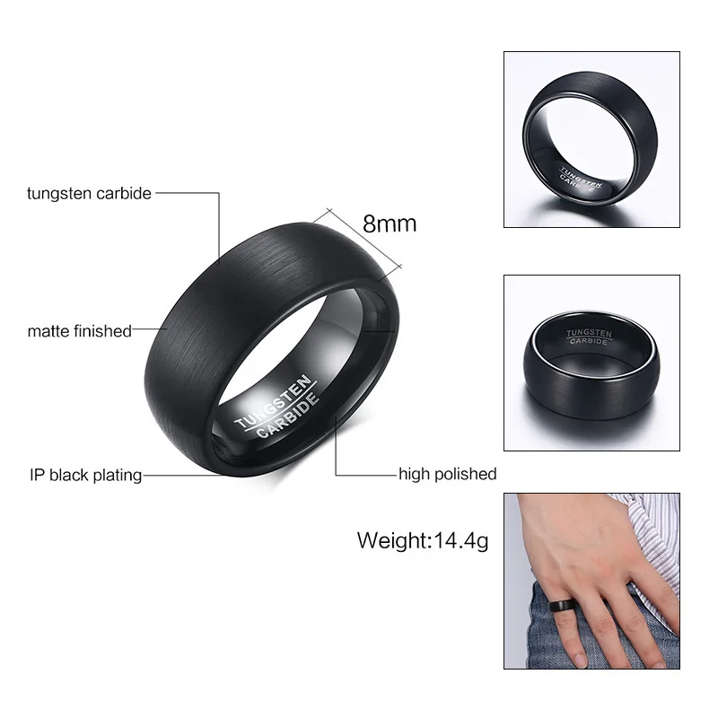 Vnox Black TUNGSTEN CARBIDE Rings for Men 8mm Wedding Band Interface Matt Surface Classic Male Alliance Jewelry Anniversary Gift