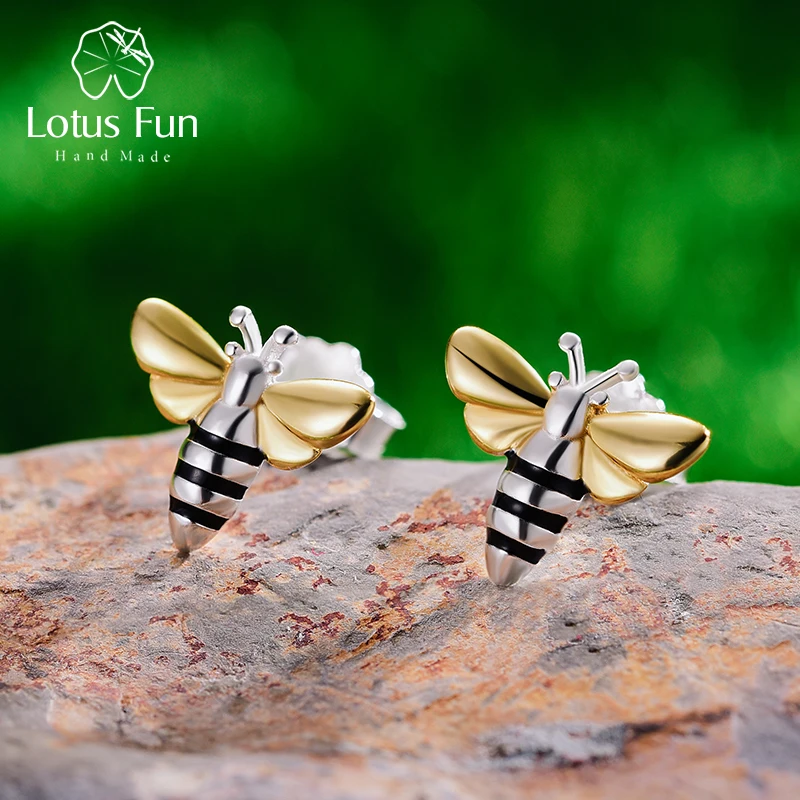 Lotus Fun Real 925 Sterling Silver Earrings Designer Fine Jewelry Lovely 18K Gold Honey Bee Stud Earrings for Women Gift Brincos