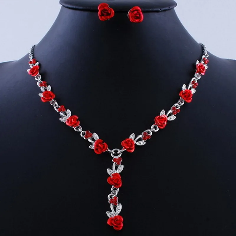 Dropshipping New Wholesale Bridal Red Jewelry Sets Rose Flower Pendant Necklace Stud Earring Silver Color Jewellery Women