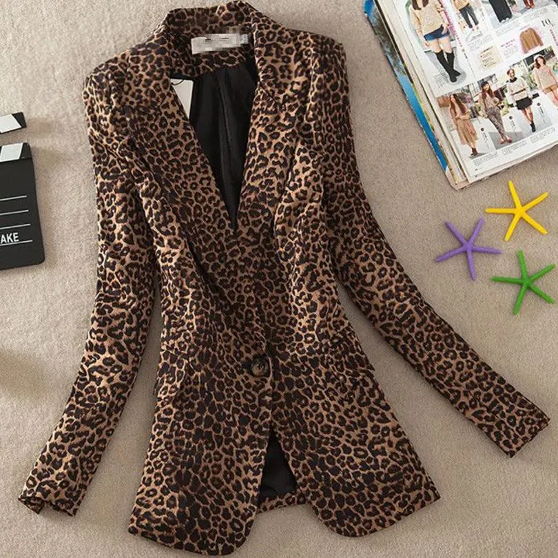 

Women Blazer Leopard Print Suit Jacket Female One Button Outerwear casual Long Sleeve coat