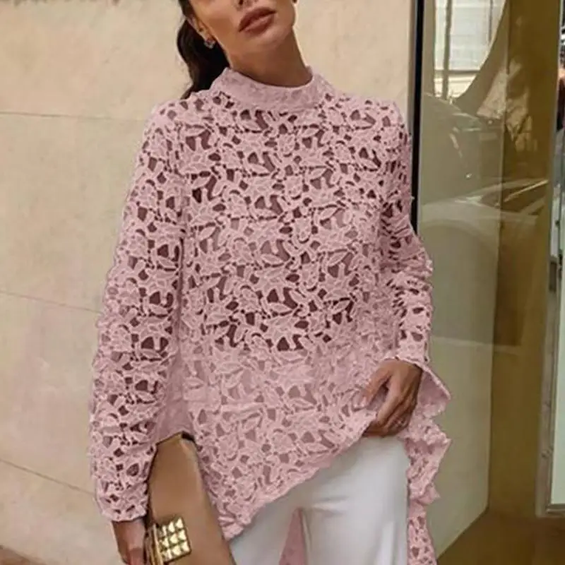 Kobiety moda eleganckie na co dzień Patchwork flounced Dip Hem Top szydełkowe nieregularne Hollow Out przezroczysta bluzka