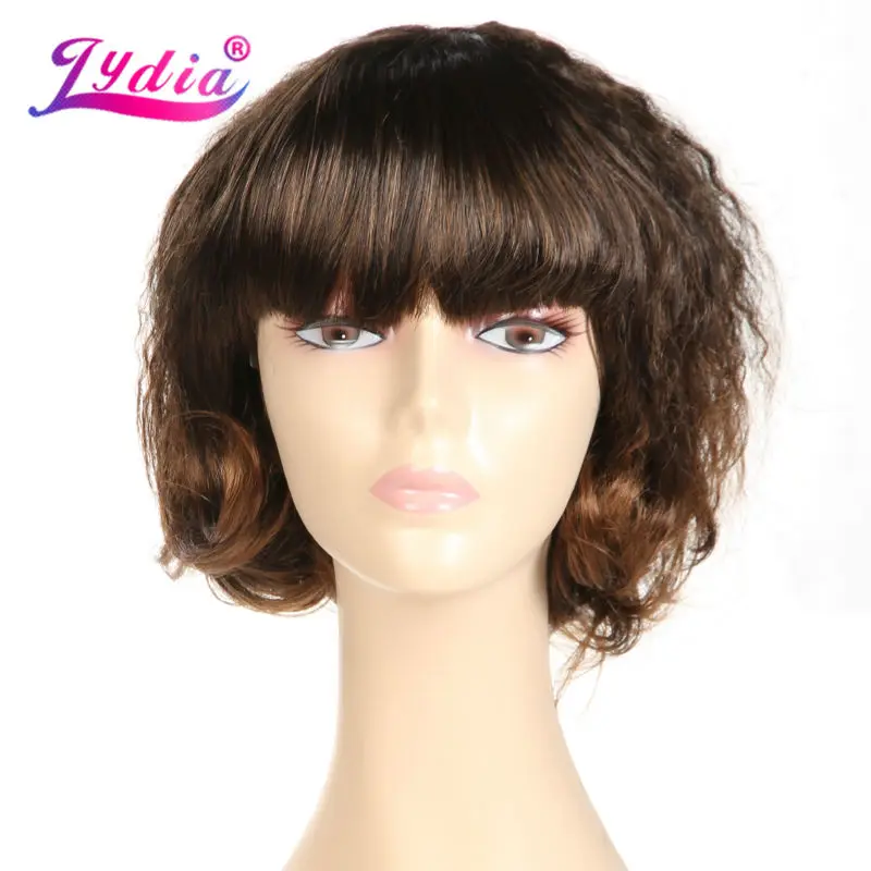 

Lydia Ombre Color 2/30 Short Curly Synthetic Wigs Skin Top & Blunt Bang Wig Kanekalon Synthetic Wigs For African American