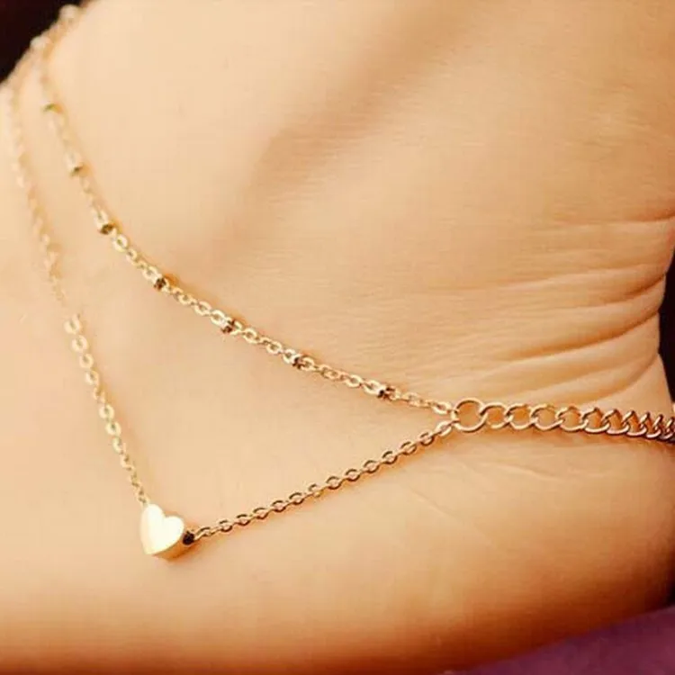 2020 New Beach Jewelry Sexy Gold Love Heart And Ankle Bracelet Double Chain Foot Ankle New Product Launch Distribution Gift