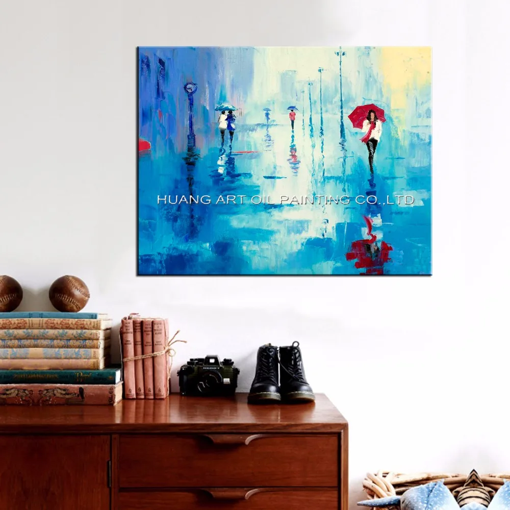 Hand-painted Modern Blue Street Landscape Knife Oil Painting On Canvas Rain Scenery Canvas Art Painting for Living Room Decor